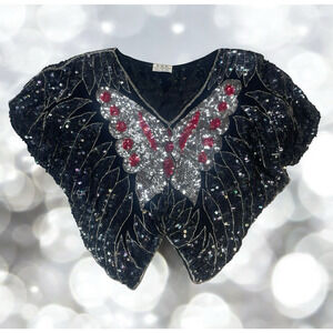VTG SHE Sequin Beaded Butterfly Top Womens OS 70's Disco Retro Glam Silk Rayon